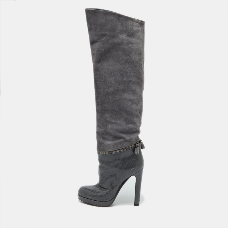 luxury-women-sergio-rossi-used-shoes-p1075231-1732338399-011 Sergio Rossi Grey Suede and Snakeskin Thigh High Boots Size 35