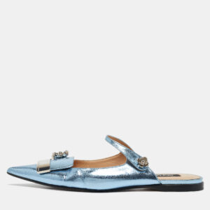 Sergio Rossi Metallic Blue Textured Leather Flower Detail Flat Mules Size 40