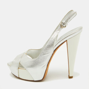 Sergio Rossi Silver Leather Slingback Platform Sandals Size 37