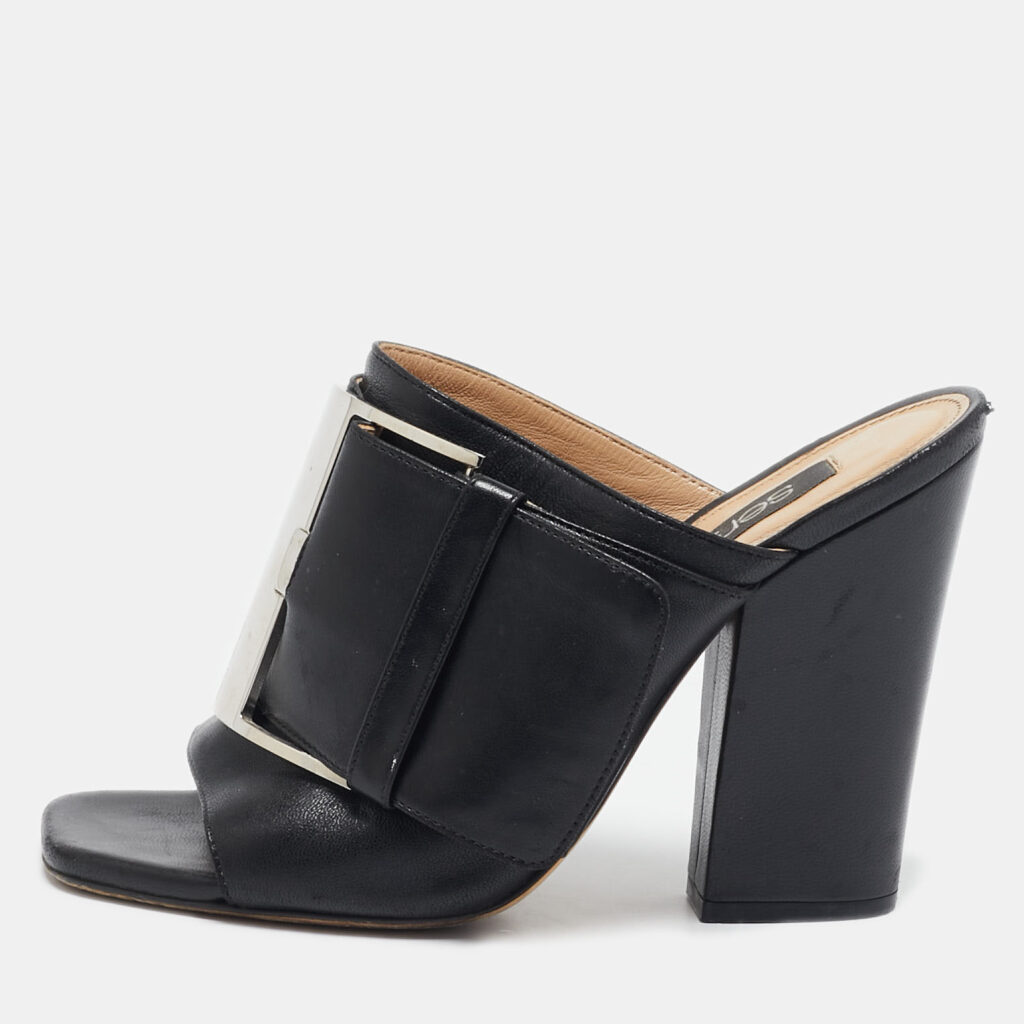 luxury-women-sergio-rossi-used-shoes-p1097934-001 Sergio Rossi Black Leather Buckle Slide Sandals Size 37