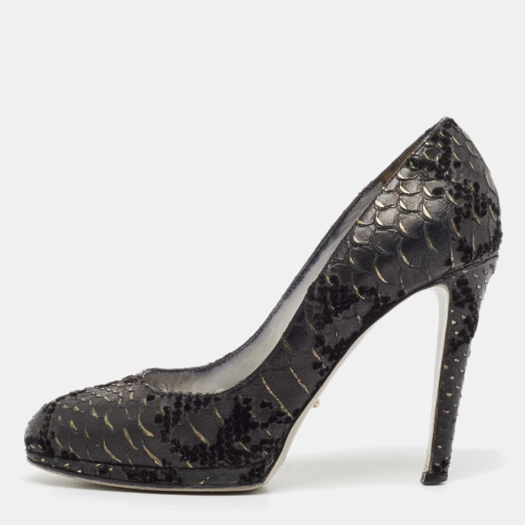 luxury-women-sergio-rossi-used-shoes-p1100925-003 Sergio Rossi Black Python Embossed Leather Platform Pumps Size 36.5