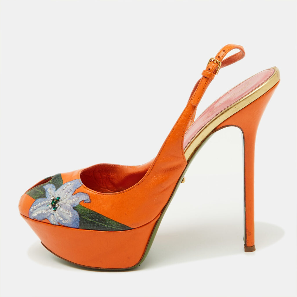 luxury-women-sergio-rossi-used-shoes-p1104561-001 Sergio Rossi Orange Leather Floral Print Peep Toe Platform Slingback Sandals Size 40