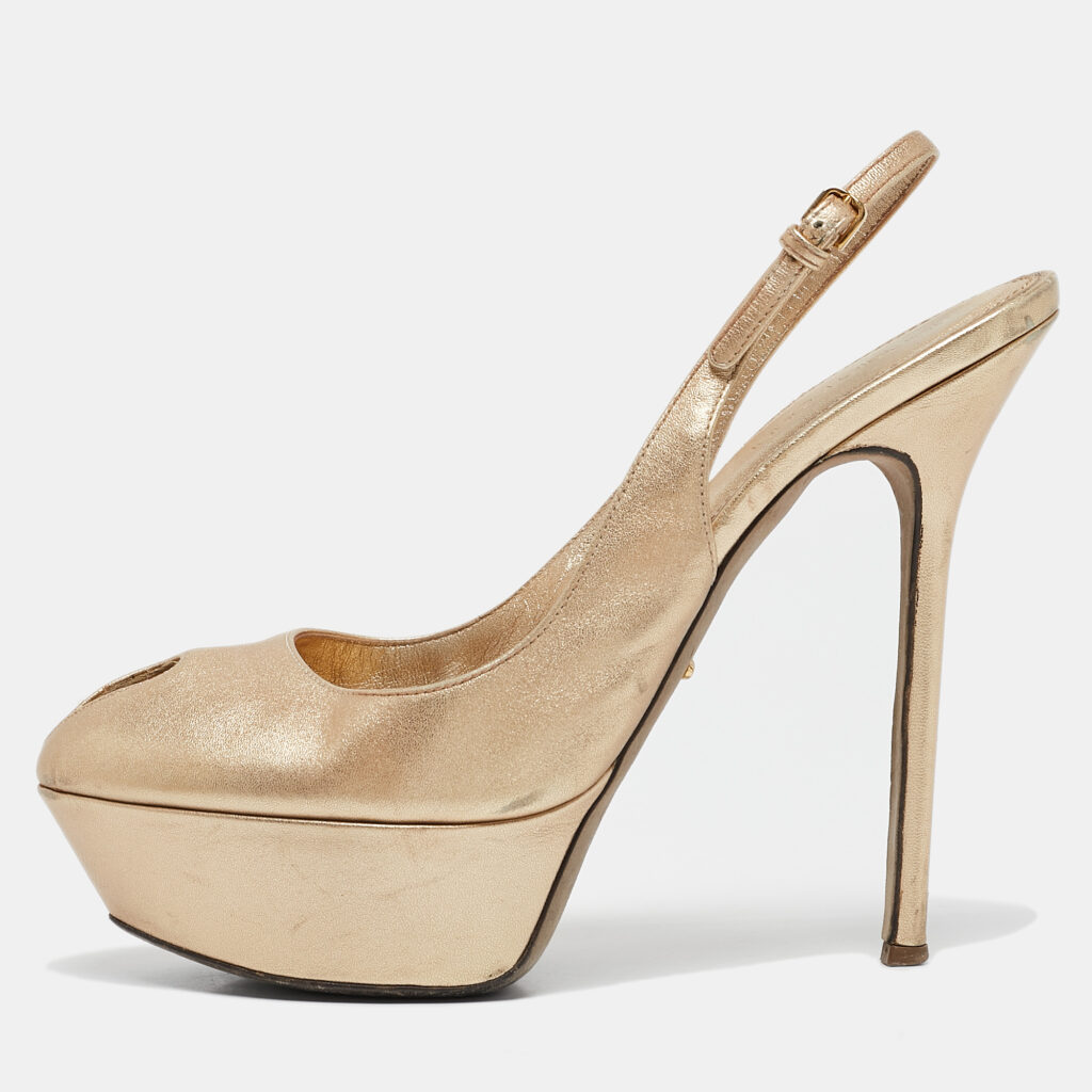 luxury-women-sergio-rossi-used-shoes-p1107439-001 Sergio Rossi Gold Leather Peep Toe Platform Slingback Sandals Size 38