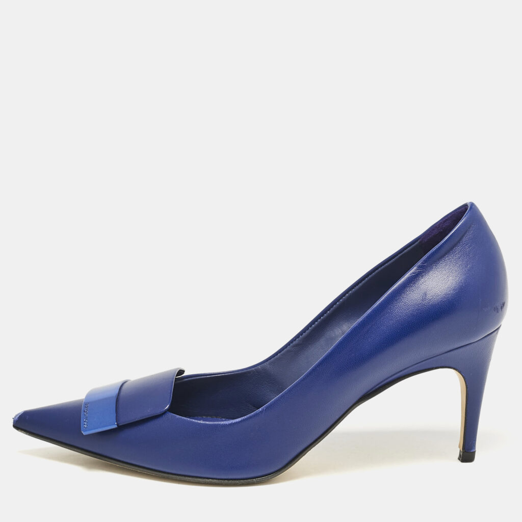 luxury-women-sergio-rossi-used-shoes-p1110300-010 Sergio Rossi Blue Leather Pointed Toe Pumps Size 38.5