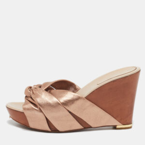 Sergio Rossi Rose Gold Leather Wedge Slide Sandals Size 40.5