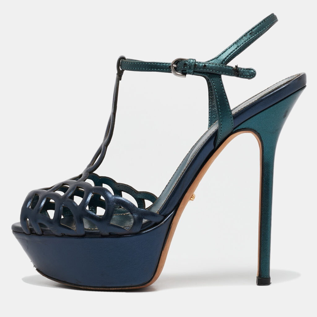 luxury-women-sergio-rossi-used-shoes-p1117472-001 Sergio Rossi Metallic Blue/Green Cut Out Leather Platform Sandals Size 35
