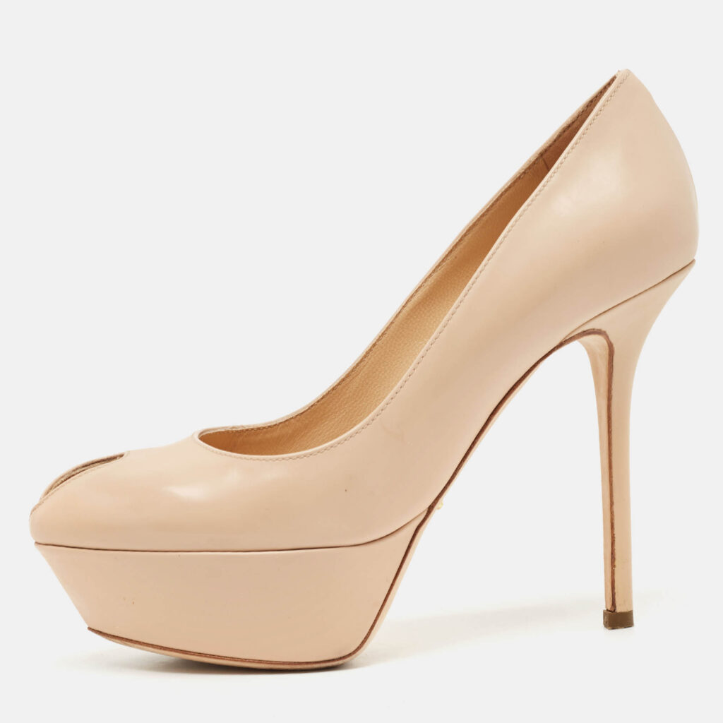 Sergio Rossi Beige Patent Leather Peep Toe Platform Pumps Size 36