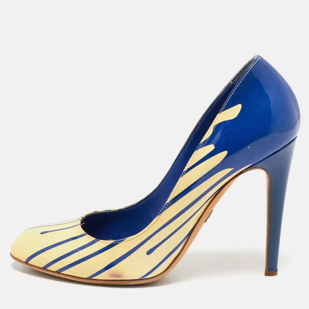 luxury-women-sergio-rossi-used-shoes-p1133771-009 Sergio Rossi Cream/Blue Patent Leather Round Toe Pumps Size 38