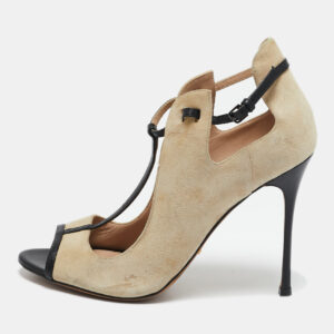 Sergio Rossi Beige/Black Leather and  Suede T-strap Pumps Sandals Size 38