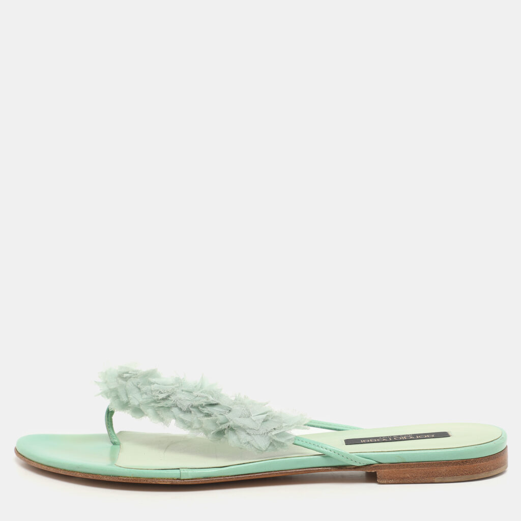 luxury-women-sergio-rossi-used-shoes-p1137855-009 Sergio Rossi Green Leather and Polyester Thong Flats Size 39