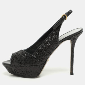 Sergio Rossi Metallic Black Glitter Slingback Platform Sandals Size 41