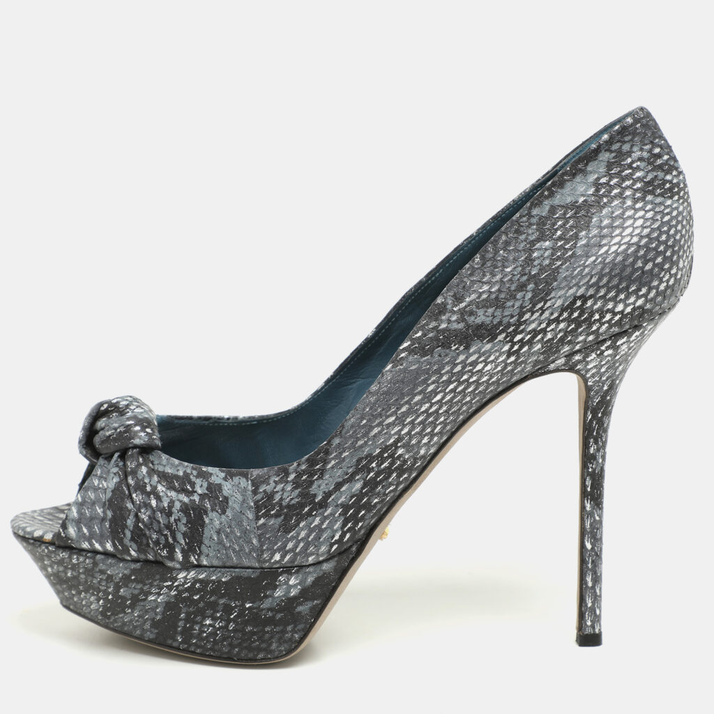 luxury-women-sergio-rossi-used-shoes-p1142435-007 Sergio Rossi Grey/Black Python Knotted Peep Toe Platform Pumps Size 41