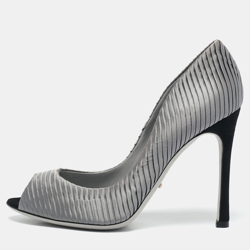 luxury-women-sergio-rossi-used-shoes-p1146683-010 Sergio Rossi Grey Pleated Satin Peep Toe Pumps Size 38