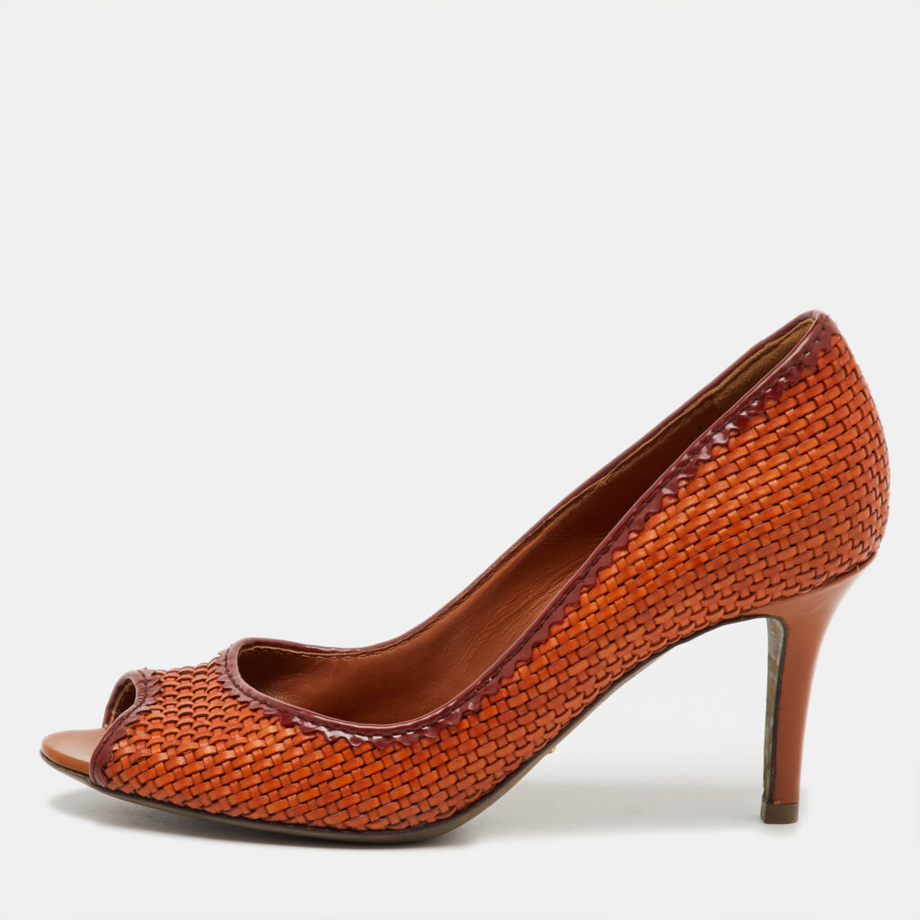 luxury-women-sergio-rossi-used-shoes-p1146706-001 Sergio Rossi Burnt Orange Woven Leather Peep Toe Pumps Size 36
