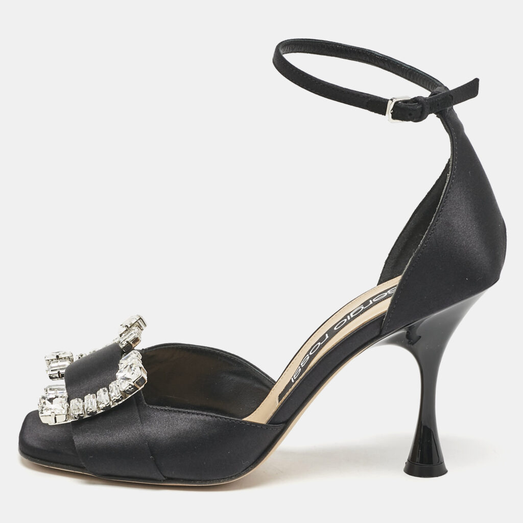 luxury-women-sergio-rossi-used-shoes-p1148632-001 Sergio Rossi Black Satin Crystal Embellished Ankle Strap Sandals Size 38