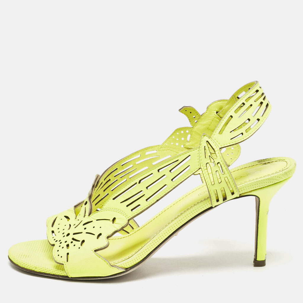 luxury-women-sergio-rossi-used-shoes-p1149312-010 Sergio Rossi Lime Green Leather Lasercut Sandals Size 37.5