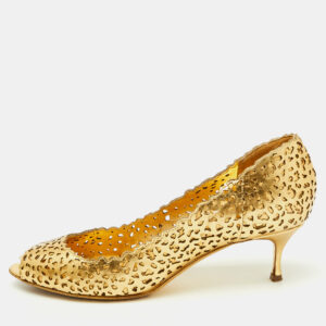 Sergio Rossi Metallic Gold Laser Cut Leather Open Toe Pumps Size 38.5