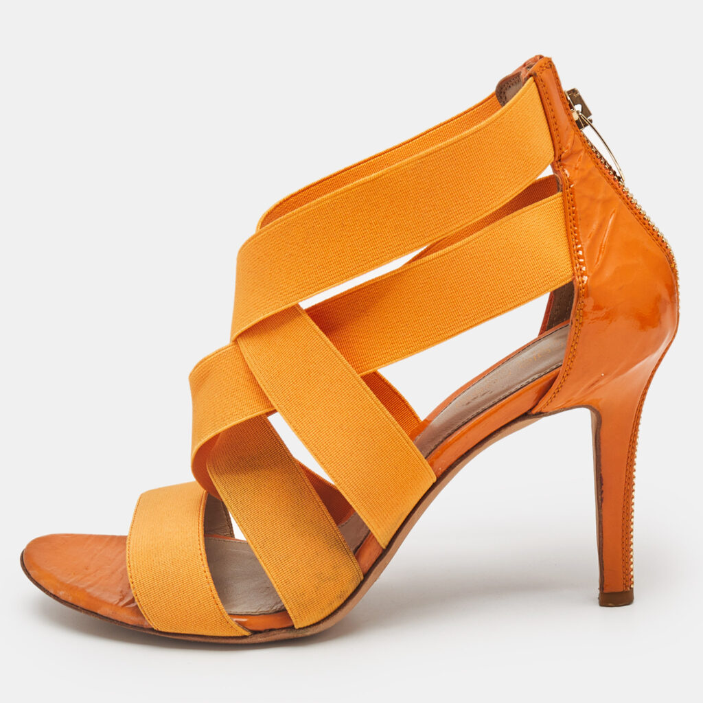 luxury-women-sergio-rossi-used-shoes-p1154059-001 Sergio Rossi Orange Leather and Elastic Strappy Sandals Size 37.5