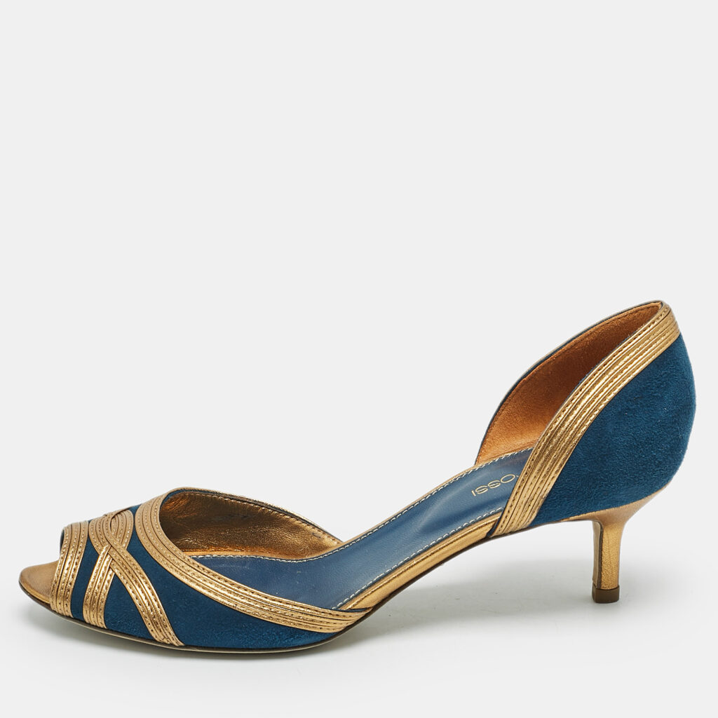 luxury-women-sergio-rossi-used-shoes-p1154060-001 Sergio Rossi Navy Blue/Gold Leather and Suede Peep Toe Pumps Size 37.5