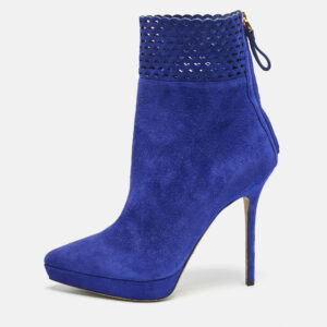 Sergio Rossi Blue Suede Pointed Toe Platform Ankle Boots Size 37
