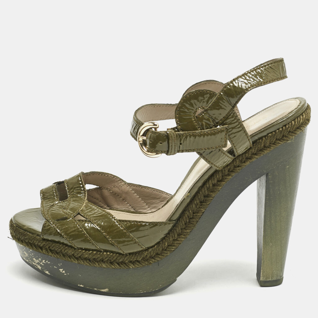 luxury-women-sergio-rossi-used-shoes-p1154657-001 Sergio Rossi Olive Green Patent Leather Platform Ankle Strap Sandals Size 38