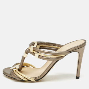 Sergio Rossi Green/Gold Leather T Strap Slide Sandals Size 35