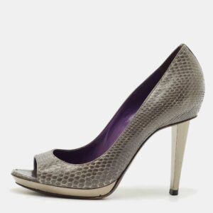 Sergio Rossi Dark Grey Snakeskin Leather Open Toe Pumps Size 37