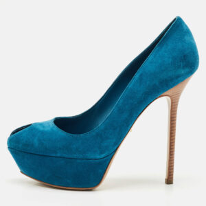 Sergio Rossi Blue Suede Peep Toe Platform Pumps Size 38.5