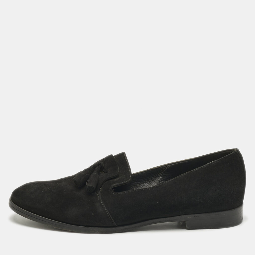 luxury-women-sergio-rossi-used-shoes-p1170403-001 Sergio Rossi Black Suede Tassel Smoking Slippers Size 36.5
