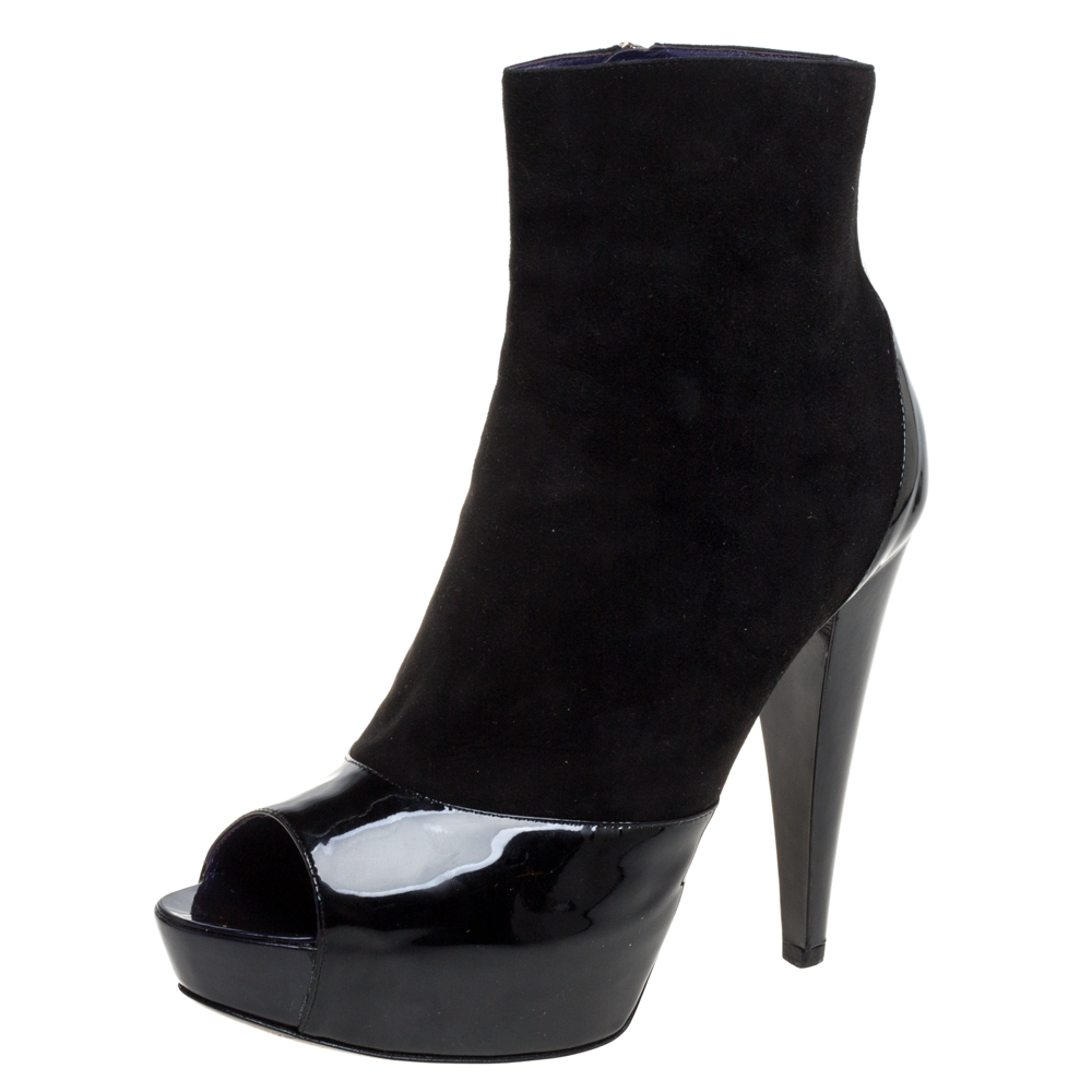 luxury-women-sergio-rossi-used-shoes-p356081-005 Sergio Rossi Black Suede And Patent Leather Peep Toe Platform Booties Size 39.5