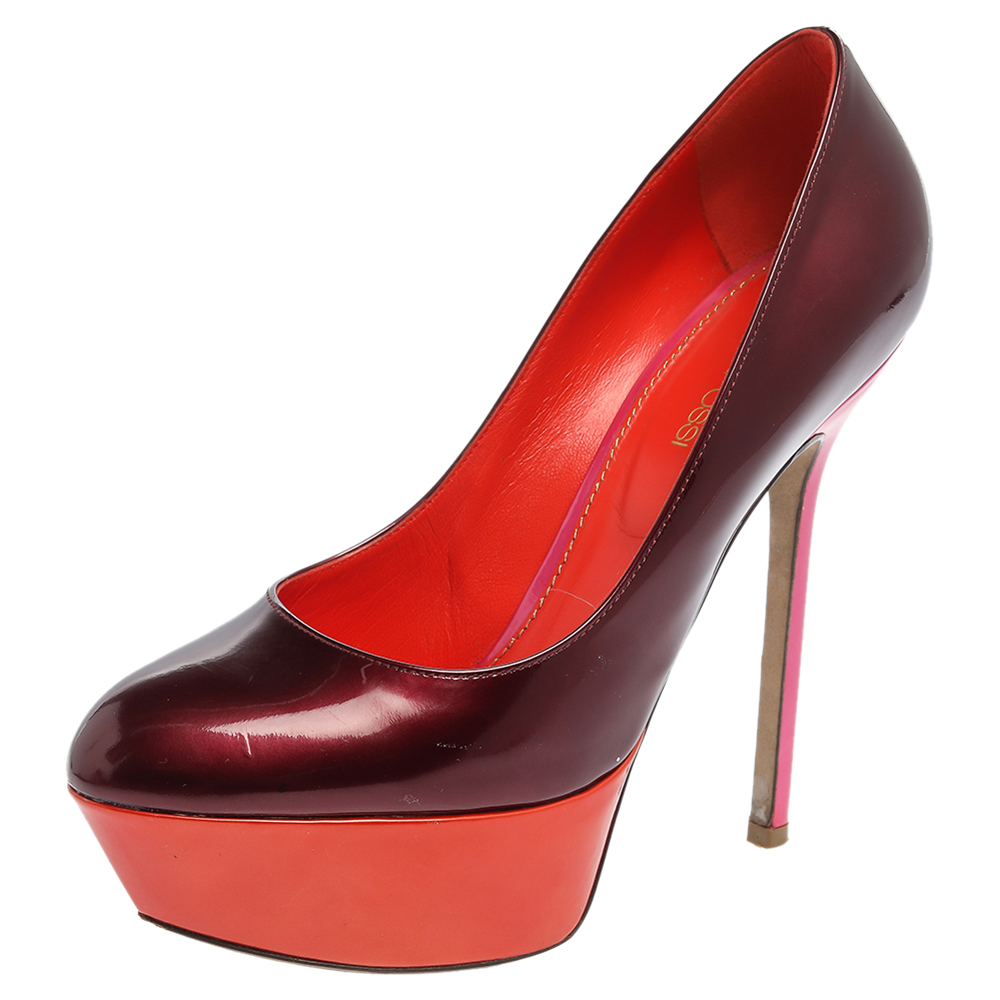 luxury-women-sergio-rossi-used-shoes-p356355-005 Sergio Rossi Burgundy/Orange Patent Leather Platform Pumps Size 36