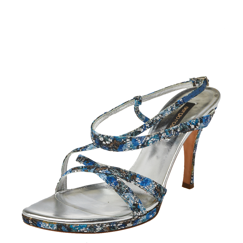 luxury-women-sergio-rossi-used-shoes-p367123-004 Sergio Rossi Blue Glittered Fabric Strappy Sandals Size 40