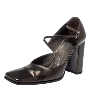 Sergio Rossi Dark Grey Leather Ankle Strap Square Toe Pumps Size 37.5