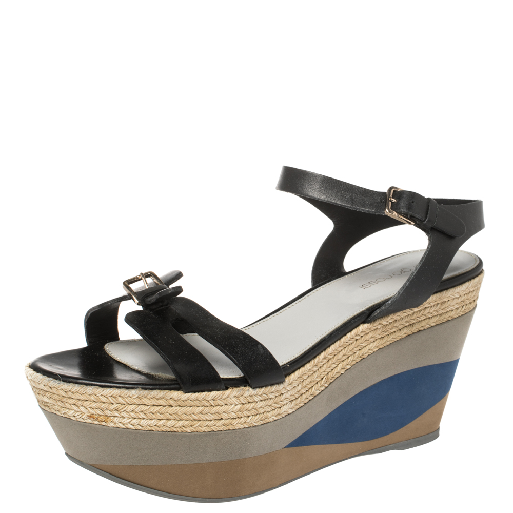 luxury-women-sergio-rossi-used-shoes-p367867-005 Sergio Rossi Black Leather Wedge Espadrille Ankle Strap Sandals Size 40