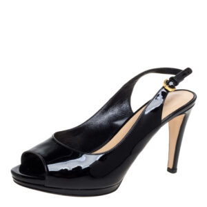 Sergio Rossi Black Patent Leather Peep Toe Slingback Sandals Size 37