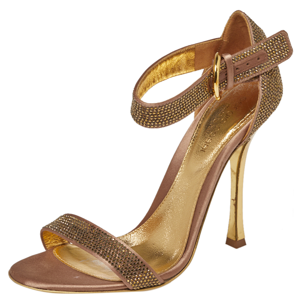 luxury-women-sergio-rossi-used-shoes-p377204-005 Sergio Rossi Gold Satin And Crystal Embellished Studded Ankle Strap Sandals Size 37