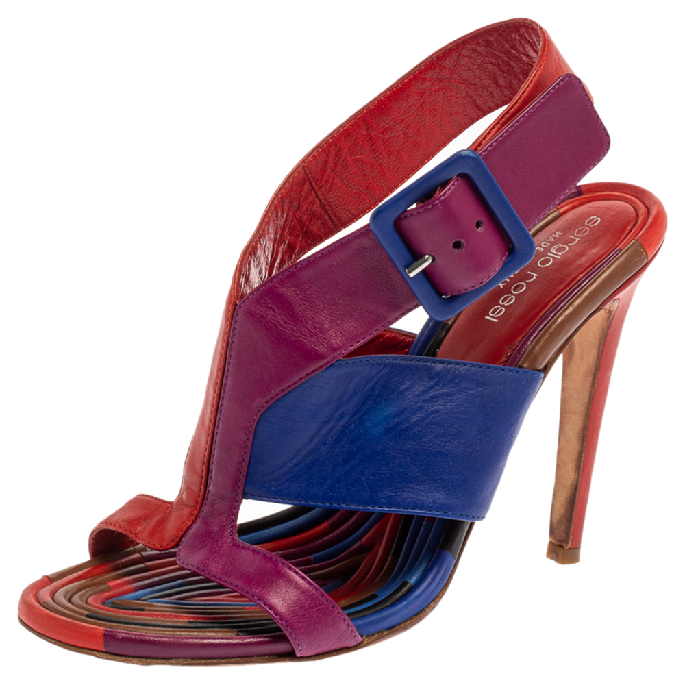 luxury-women-sergio-rossi-used-shoes-p384363-003 Sergio Rossi Multicolor Leather Buckle Slingback Sandals Size 37.5