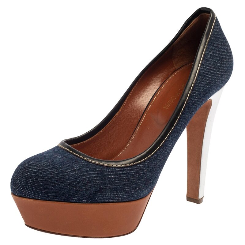 luxury-women-sergio-rossi-used-shoes-p385212-1612068534-005 Sergio Rossi Blue Denim And Leather Platform Pumps Size 38.5