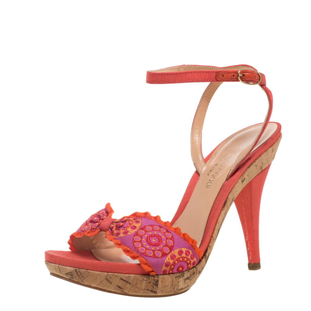 luxury-women-sergio-rossi-used-shoes-p391261-009 Sergio Rossi Orange Embroidered Strap Sandals Size 37.5