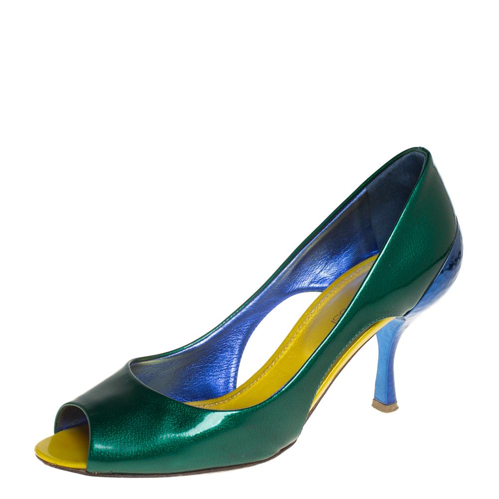 luxury-women-sergio-rossi-used-shoes-p404647-006 Sergio Rossi Green/Blue Patent Leather Peep Toe Pump Size 37