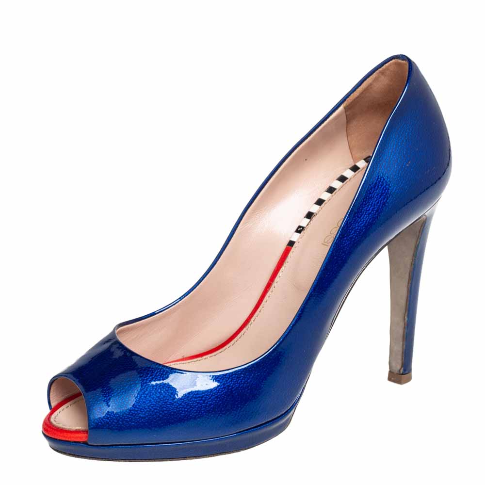 luxury-women-sergio-rossi-used-shoes-p418058-004 Sergio Rossi Blue Patent Leather Peep Toe Pumps Size 36