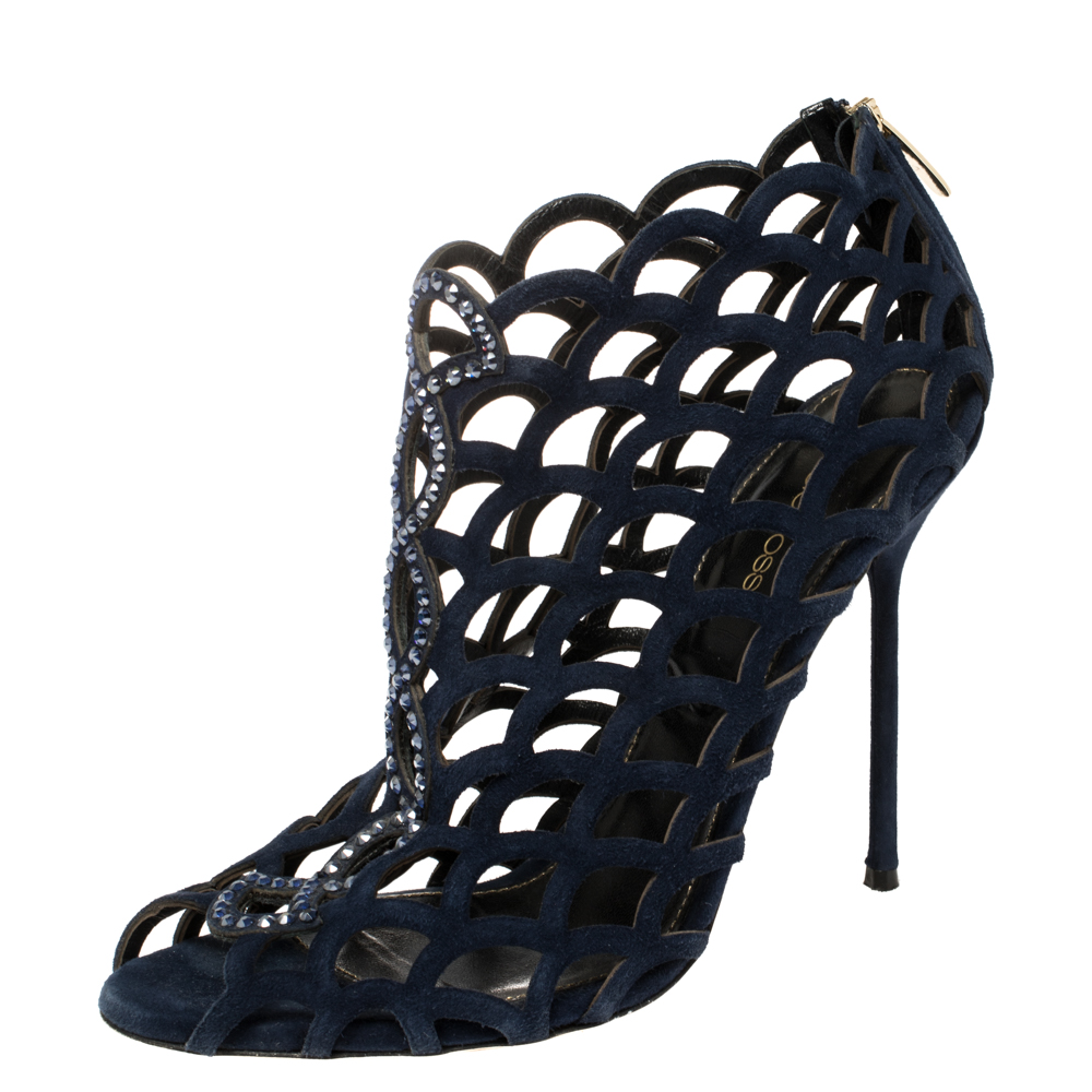 luxury-women-sergio-rossi-used-shoes-p430013-009 Sergio Rossi Blue Suede Crystal Embellished Scalloped Peep Toe Caged Booties Size 39