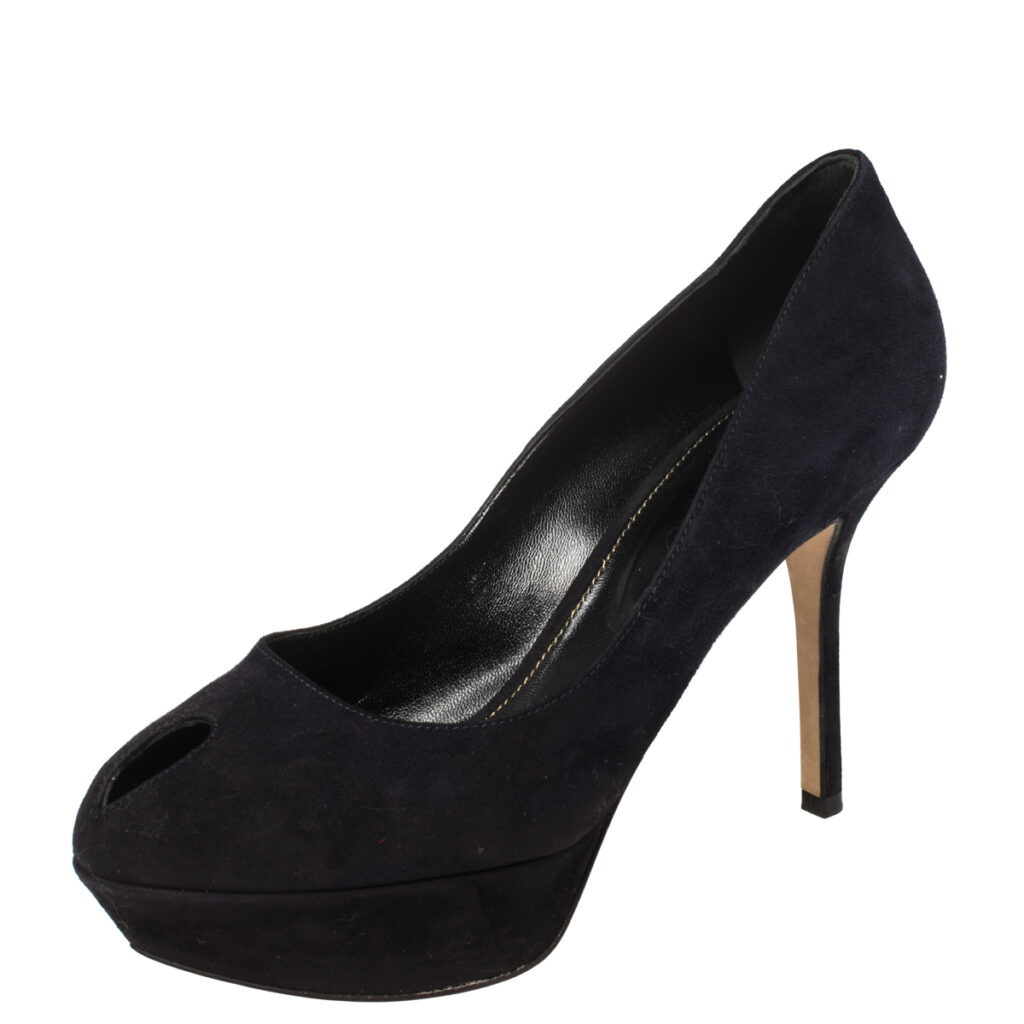 luxury-women-sergio-rossi-used-shoes-p442029-007 Sergio Rossi Navy Blue Suede Peep Toe Platform Pumps Size 38.5