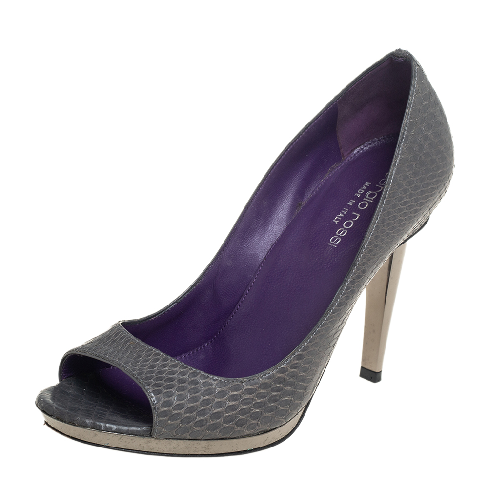 luxury-women-sergio-rossi-used-shoes-p443726-004 Sergio Rossi Grey Python Leather Peep Toe Pumps Size 37.5