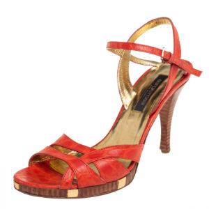 Sergio Rossi Orange Croc Embossed Leather Ankle Strap Sandals Size 37.5