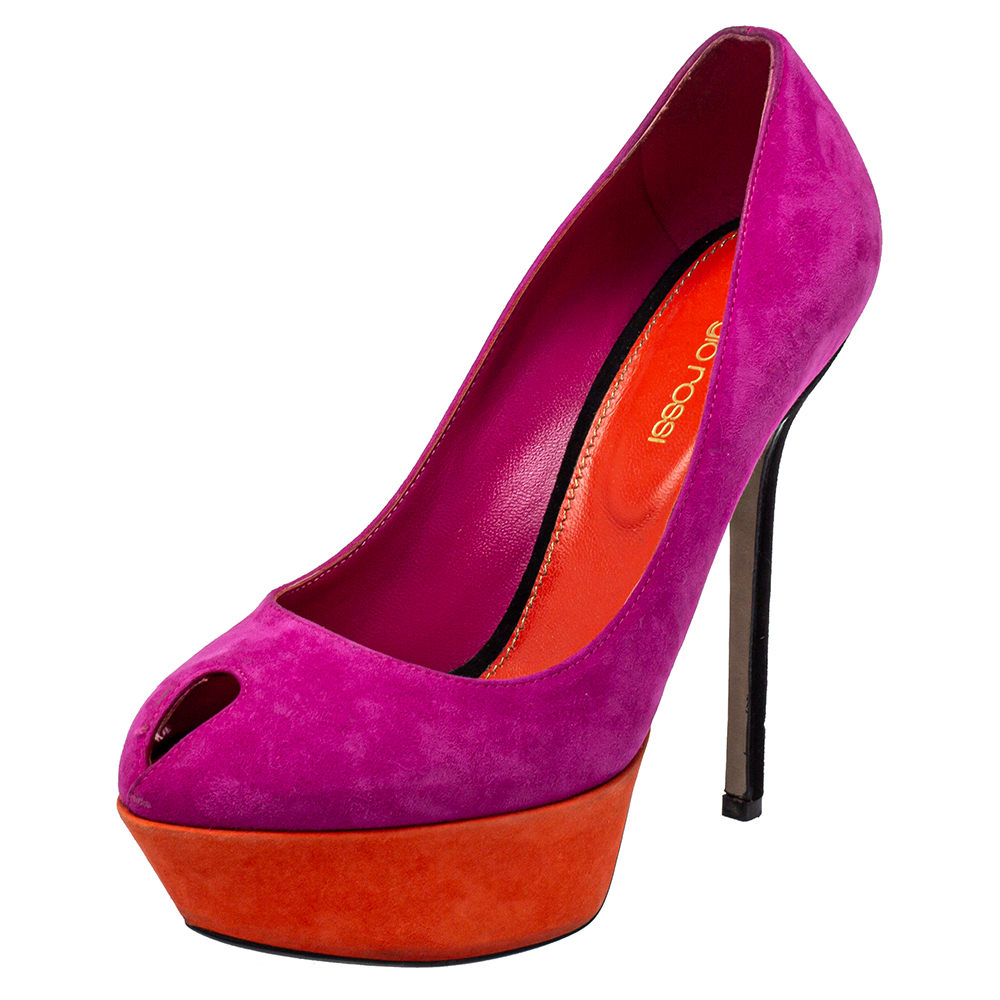 luxury-women-sergio-rossi-used-shoes-p461176-005 Sergio Rossi Purple/Orange Suede Peep Toe Pumps Size 37.5