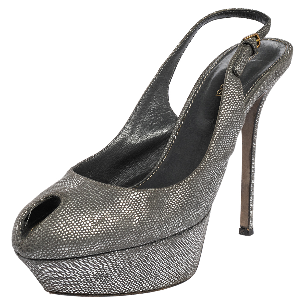 luxury-women-sergio-rossi-used-shoes-p470184-005 Sergio Rossi Grey/Silver Suede Cachet Peep Toe Platform Slingback Sandals Size 37.5