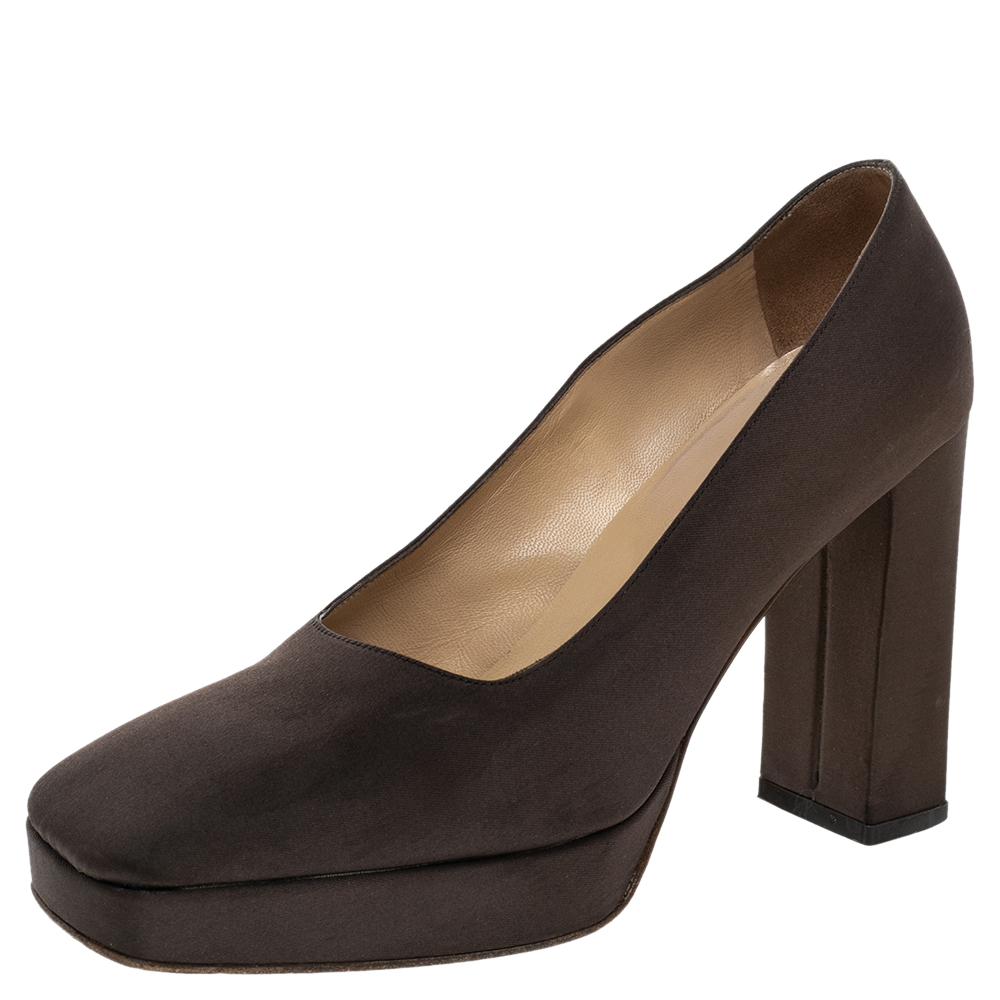 Sergio Rossi Brown Fabric Block Heel Pumps Size 37.5
