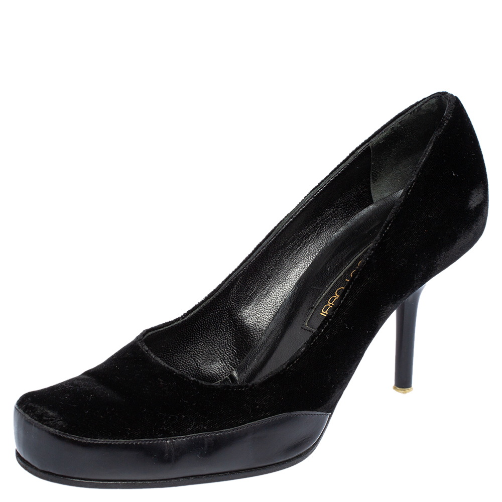 luxury-women-sergio-rossi-used-shoes-p484487-005 Sergio Rossi Black Velvet and Leather Square Toe Pumps Size 38.5