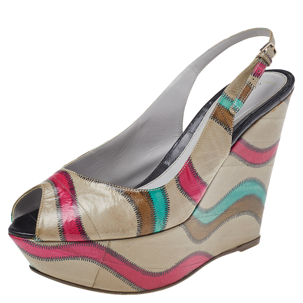 luxury-women-sergio-rossi-used-shoes-p492076-006 Sergio Rossi Multicolor Stitch Leather Platform Slingback Wedge Sandals Size 39